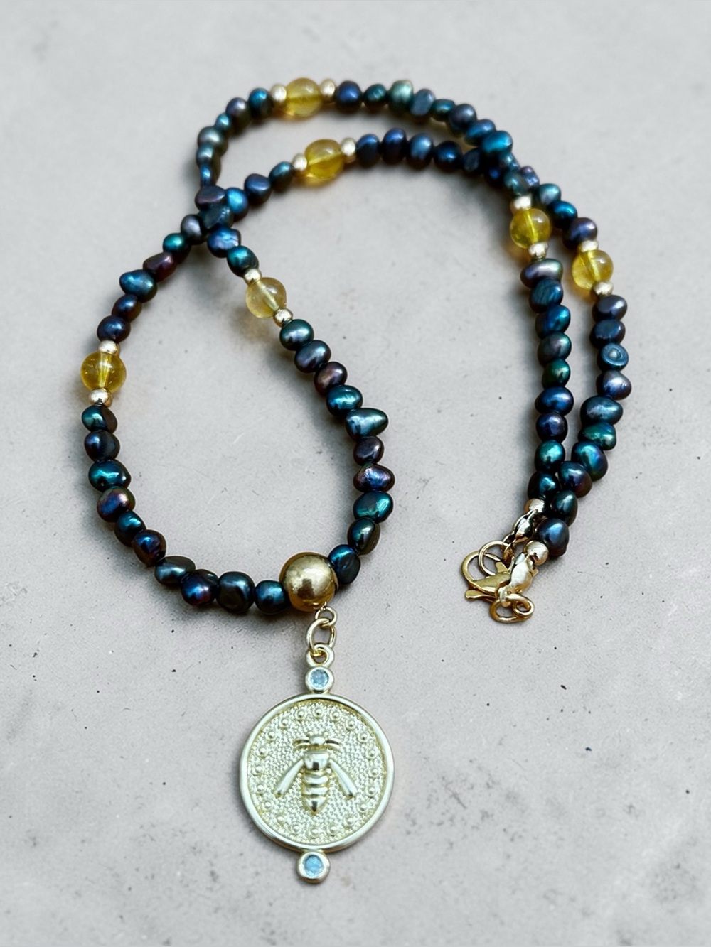 Gold Bee Pendant Necklace with Iridescent Black Pearls and Citrine Accents